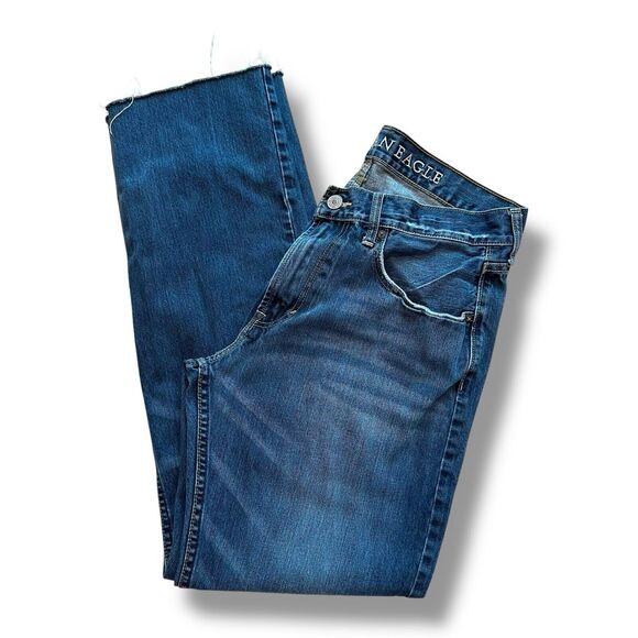 American Eagle Jeans Mens 34 x 32 Mid Rise Boot Cut Blue Cotton Denim Distressed - Picture 11 of 14